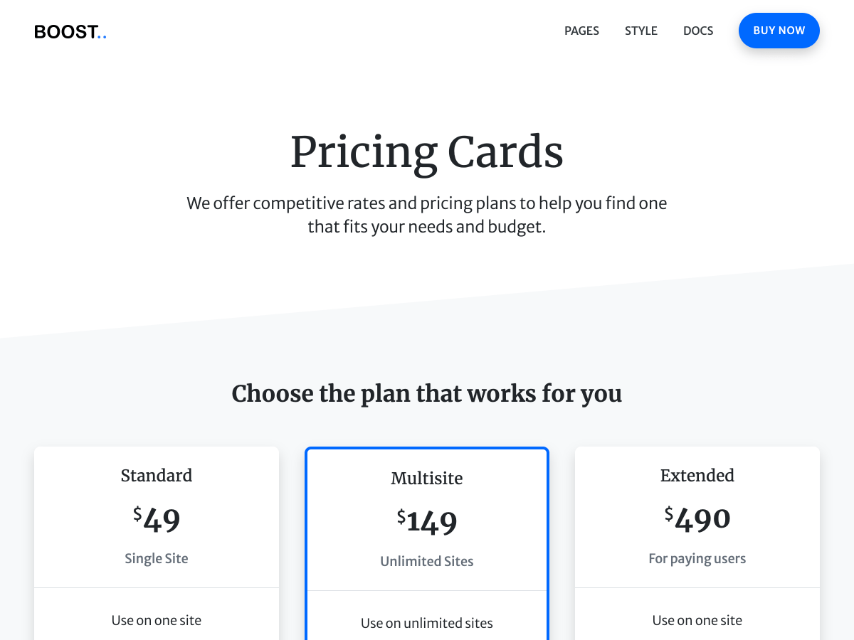Pricing cards page