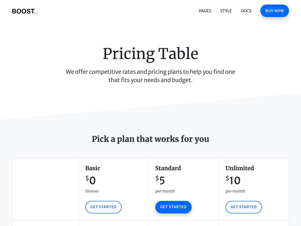 Pricing table page